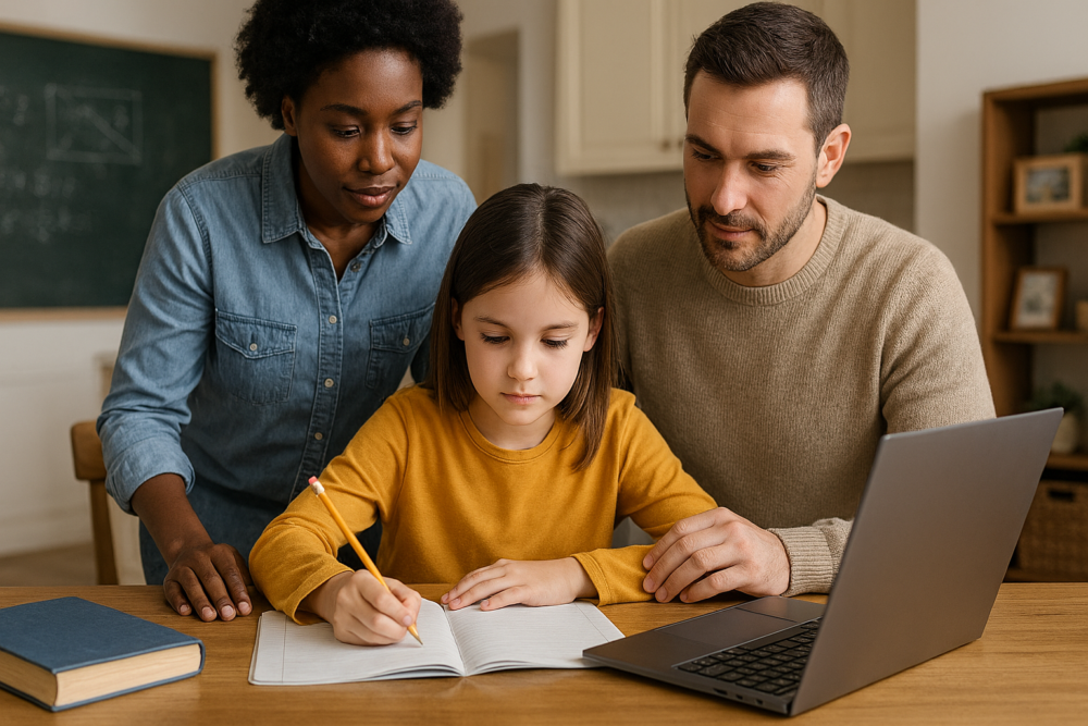 A child sits at a table writing in a notebook, supported by two adults positioned on either side—one appearing to represent a teacher and the other a parent. A laptop and books are on the table, and the setting combines elements of both a classroom and a home environment, conveying collaboration around the child’s learning.