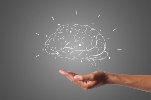 A hand is held out with a glowing white outline of a brain floating above it.