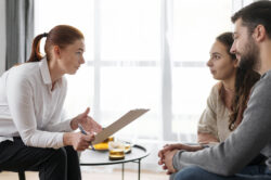 A person holding a clipboard speaks with two people seated together during a conversation.