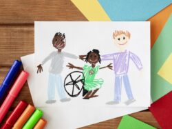 Children’s drawing showing three figures standing together, one seated in a wheelchair, surrounded by colourful craft materials.