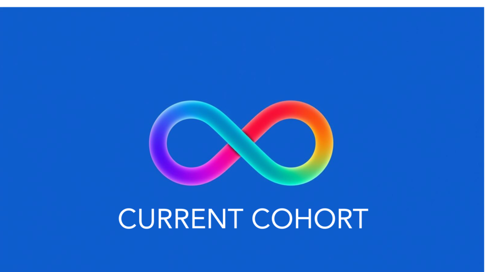 A brightly coloured infinity-shaped symbol appears in the centre of a solid blue background. The symbol features a smooth gradient transitioning through multiple colours, including purple, pink, red, orange, yellow, green, and blue.