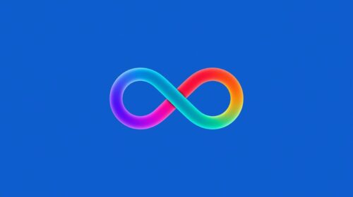 A brightly coloured infinity-shaped symbol appears in the centre of a solid blue background. The symbol features a smooth gradient transitioning through multiple colours, including purple, pink, red, orange, yellow, green, and blue.