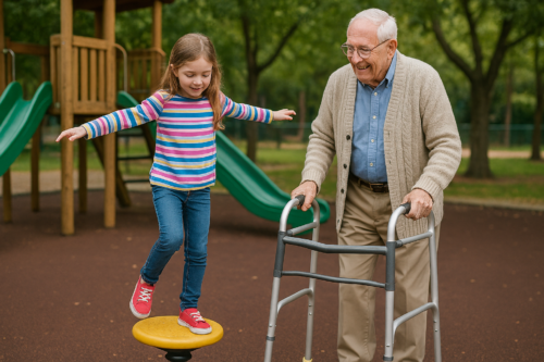 An older adult using a walking frame stands beside a young child at a playground. The child is balancing with arms outstretched on a round, yellow balance toy, with slides and wooden play structures visible in the background. Trees and soft outdoor flooring surround the scene.
