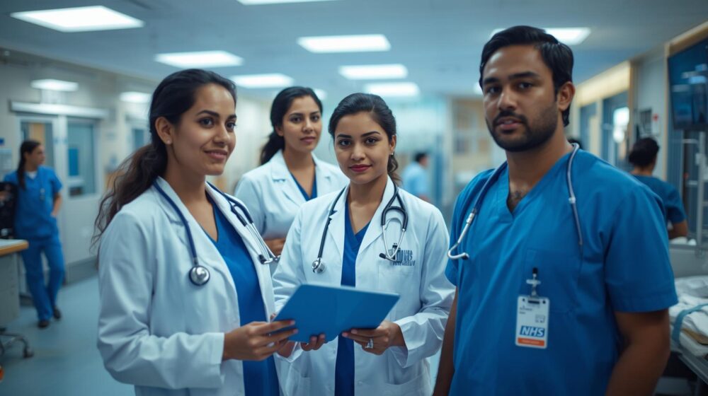 A group of healthcare professionals stand together in a hospital corridor. Some individuals are wearing white coats and holding a tablet, while others are dressed in scrubs with ID badges. Medical equipment and additional staff are visible in the background, creating a busy clinical setting.