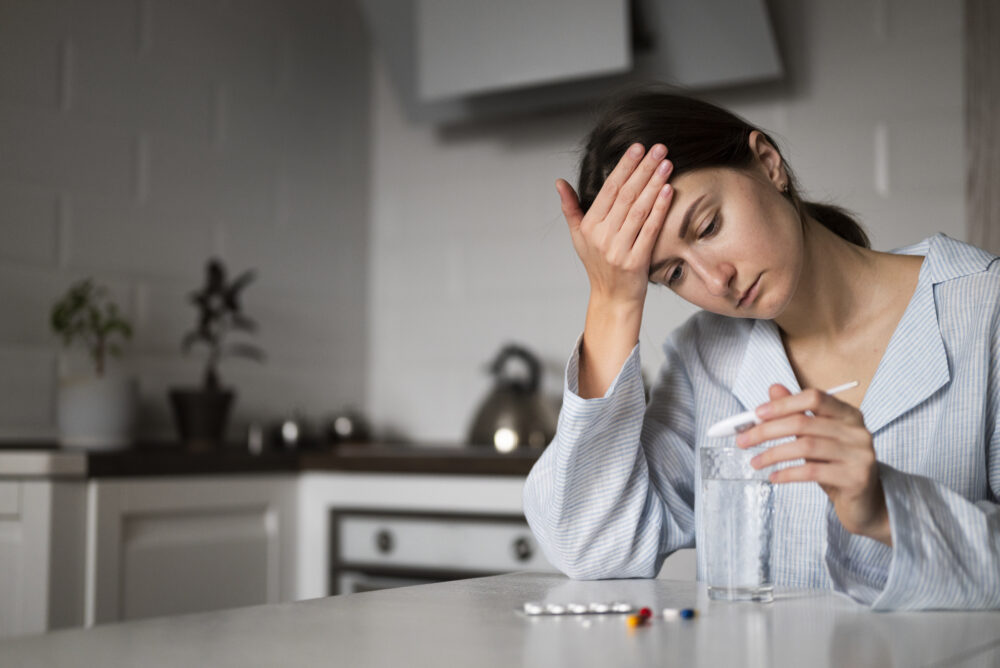 A person in pyjamas sits at a kitchen counter with a glass of water and a thermometer, appearing unwell.