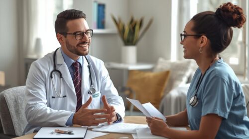 A healthcare professional in a white coat sits at a desk speaking with another healthcare professional in scrubs. They are seated in a bright, modern office space with documents spread out on the table and medical equipment visible on their clothing. Both individuals appear to be discussing paperwork or referral information.