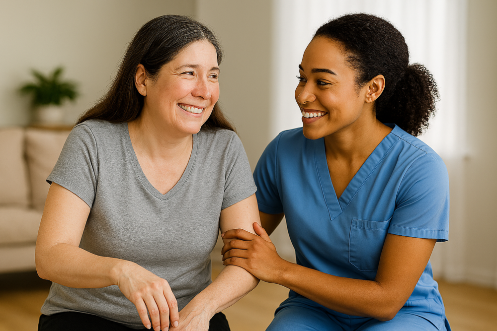Healthcare worker supporting a working‑age person during recovery from long COVID in a home setting.